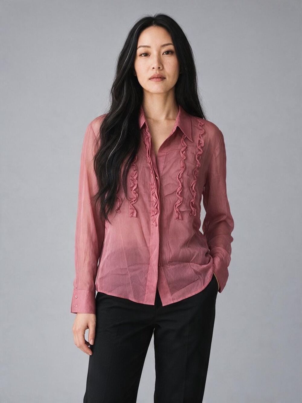 New York & Company Dusty Rose Long Sleeve Sheer Blouse with Ruffles Size Large